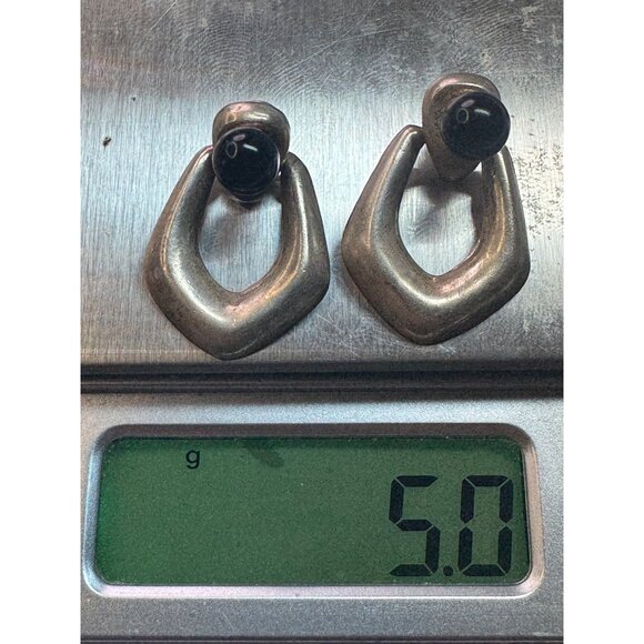Vintage Estate 925 Sterling Silver Modernist Dangle Earrings Black Onyx Studs - Picture 8 of 8